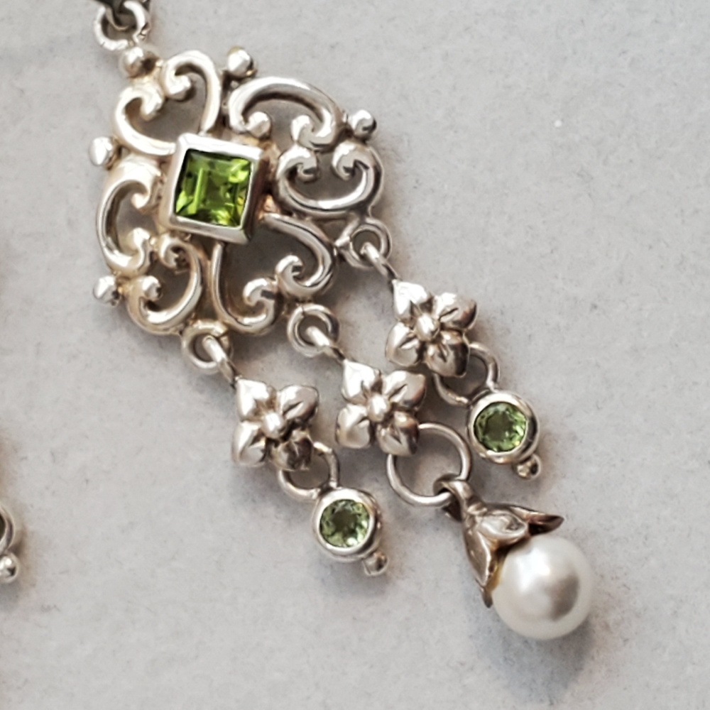 Sterling Silver Chandelier Earrings with Peridots and Pearls - Picture 4 of 16
